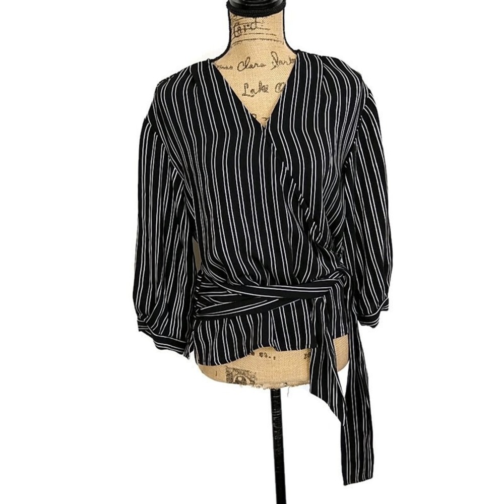 Calvin Klein Blouse Women XS Black White Striped Wrap Tie Waist